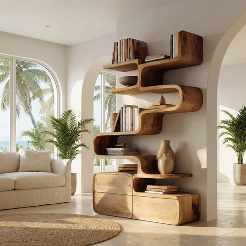 Scandinavian Sculptural Wooden Bookshelf With Organic Shape For Living Room Lynnsnail