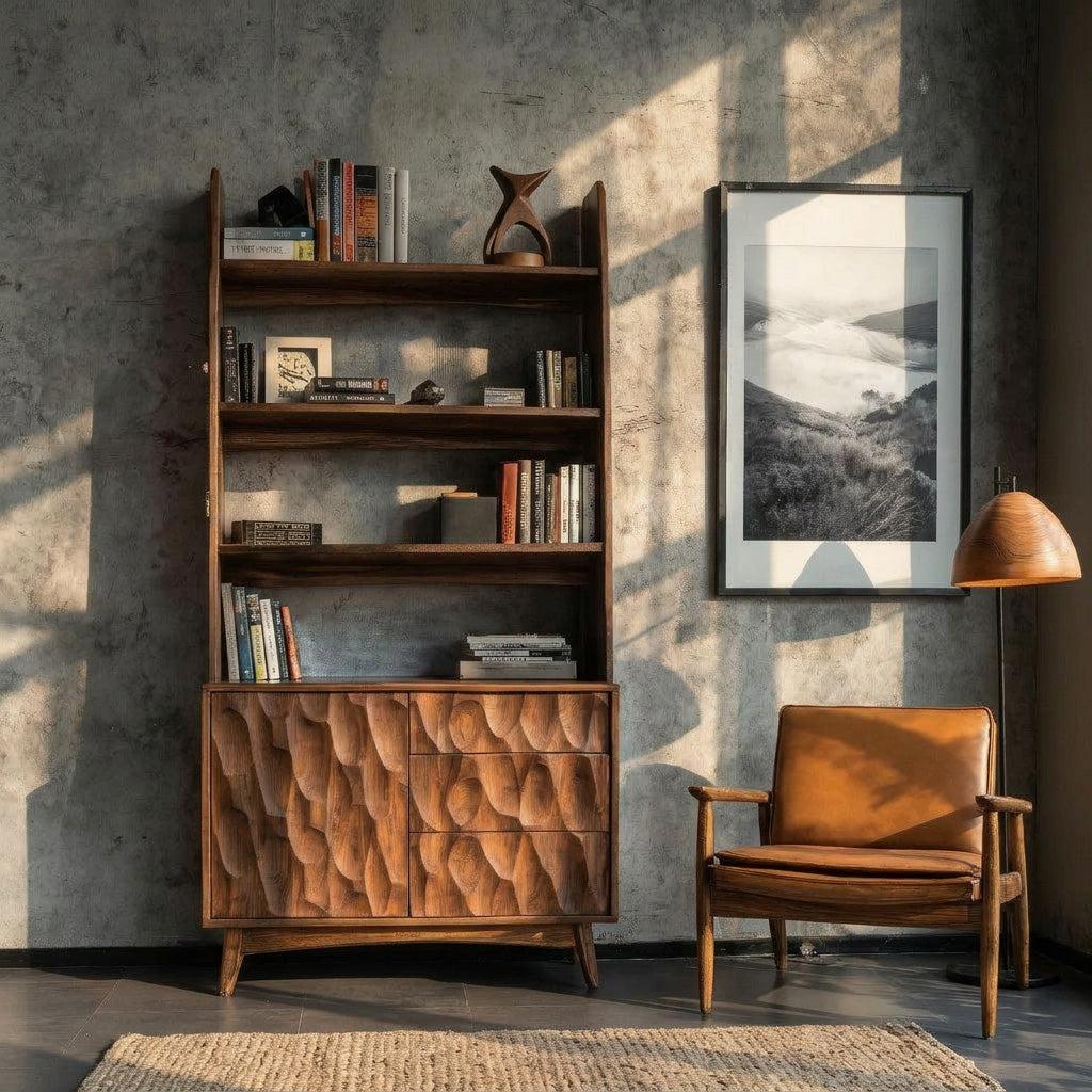 Modern Wooden Bookcase With Drawers And Open Shelves For Living Lynnsnail