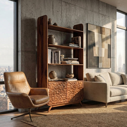 Contemporary Wooden Bookshelf With Sculpted Door Panels For Living Lynnsnail
