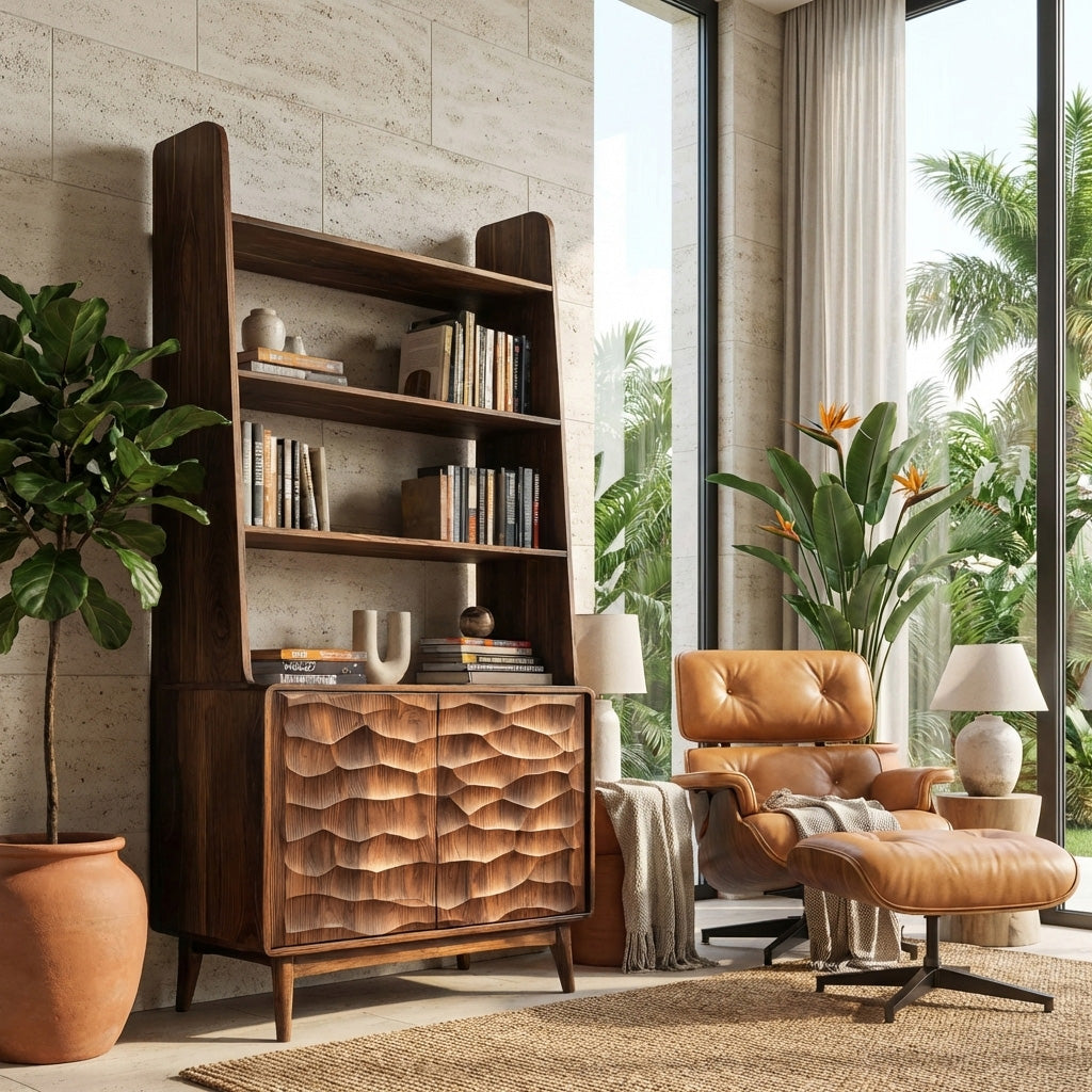 Modern Bookshelf With Carved Wave Cabinet Doors For Home Lynnsnail