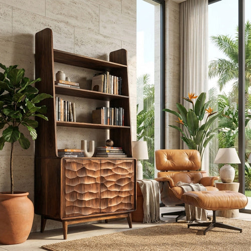 Modern Bookshelf With Carved Wave Cabinet Doors For Home Lynnsnail