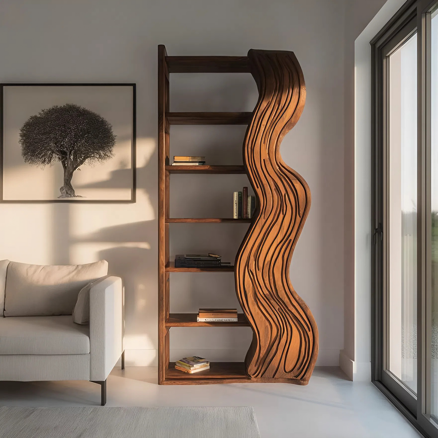 Modern Bookshelf With Wave Carved Side Panel For Office Lynnsnail