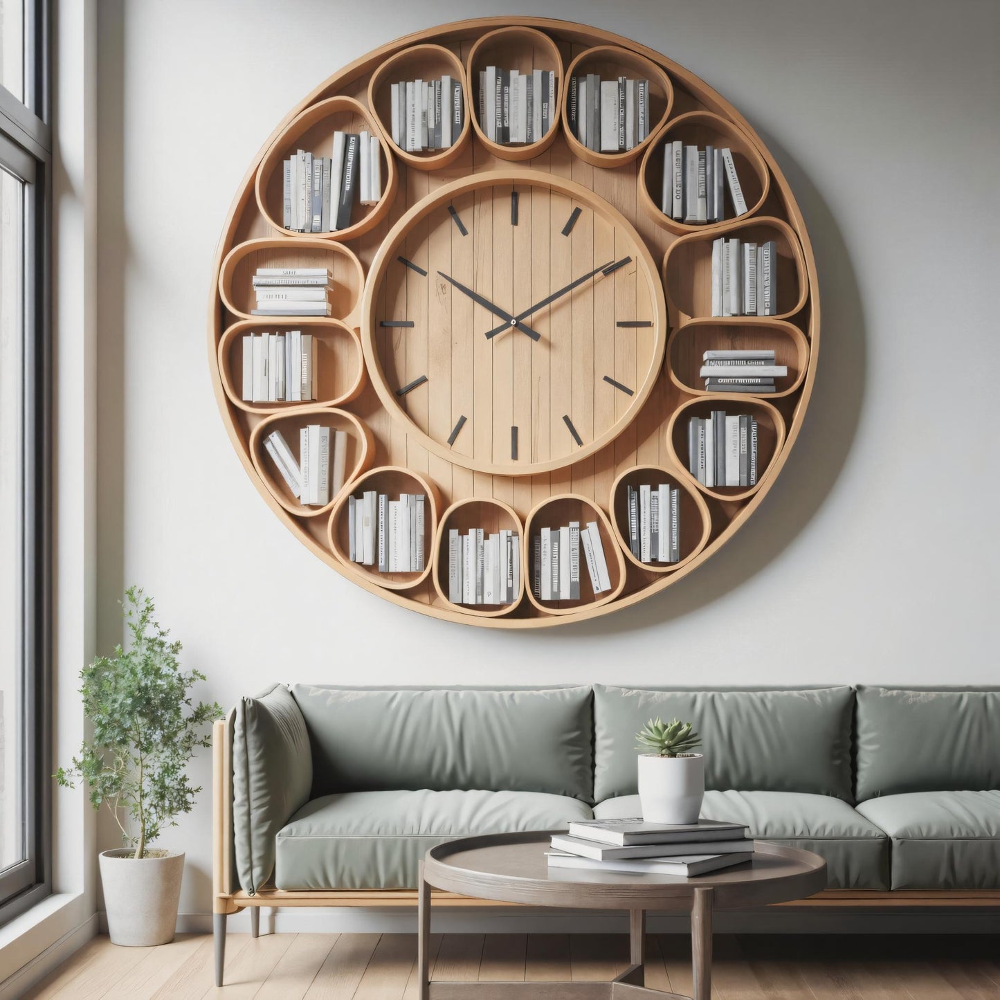 Contemporary Round Wall Bookshelf With Clock For Living Room And Home Office Lynnsnail