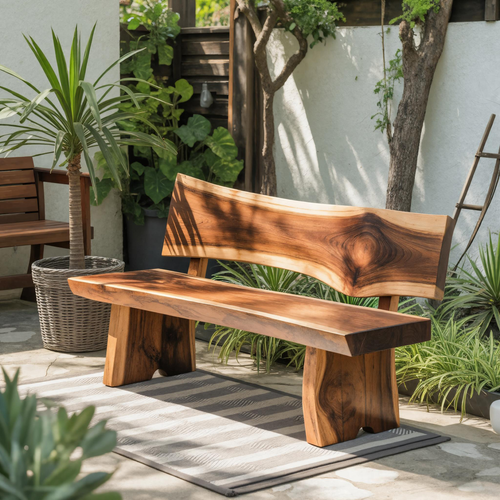 Contemporary Outdoor Wood Bench With Sculpted Back For Patio Or Courtyard Lynnsnail