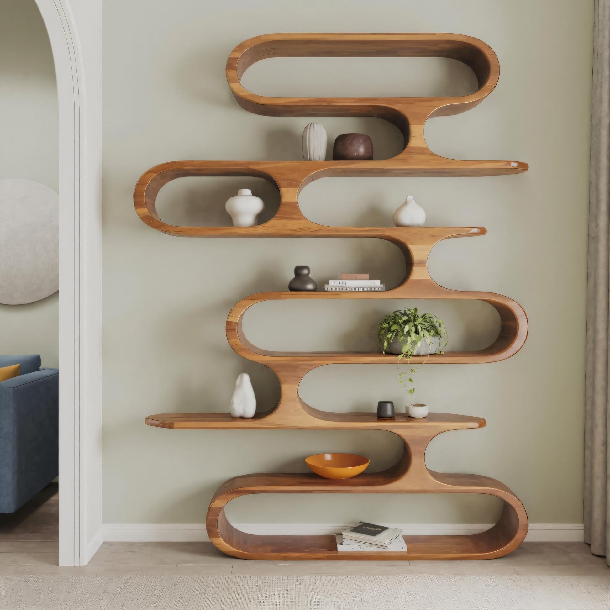 Mid Century Modern Wall Shelf With Flowing Shape For Living Room And Office Lynnsnail