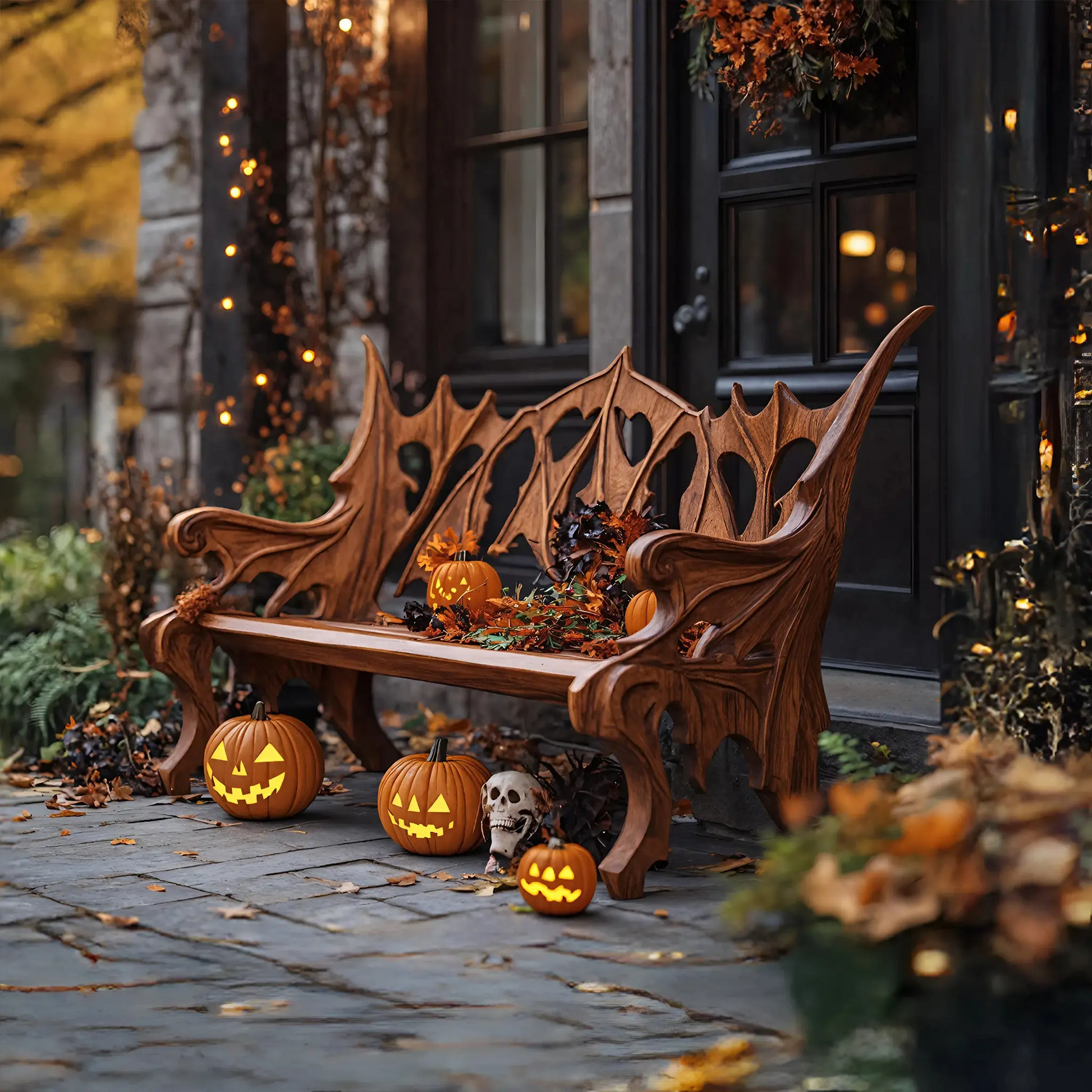 Mid Century Solid Wood Halloween Bench For Festive Outdoor Decor Lynnsnail