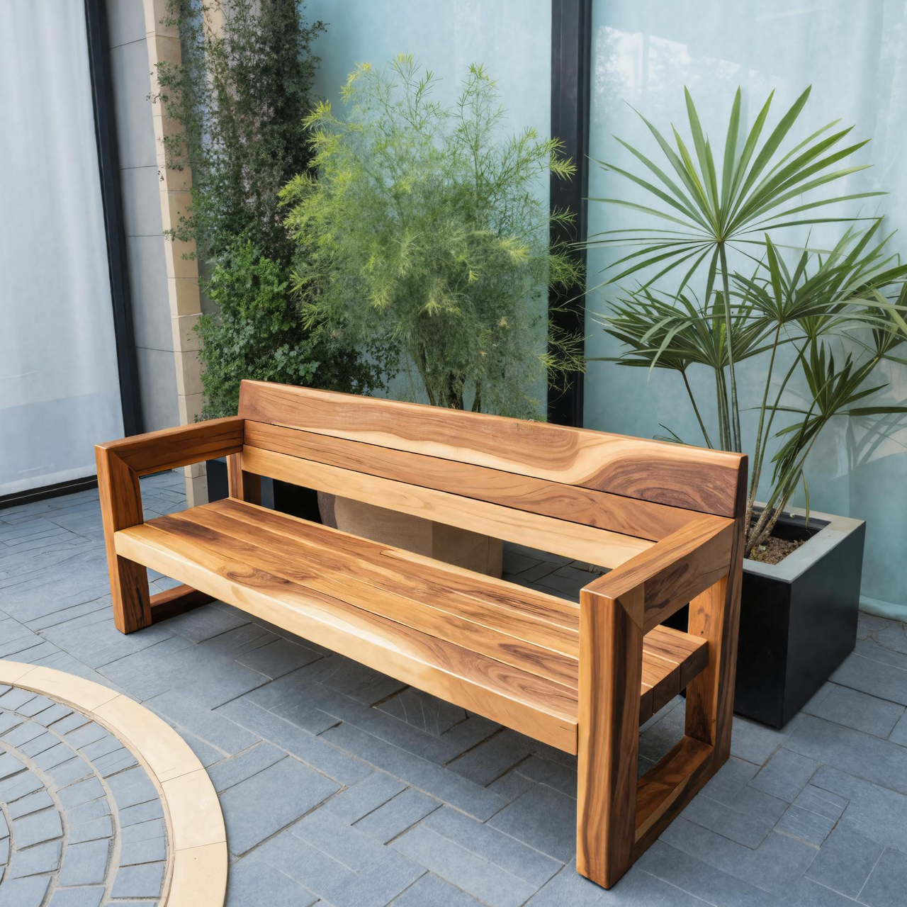Modern Solid Wood Outdoor Bench With Armrests For Garden Or Entryway Lynnsnail