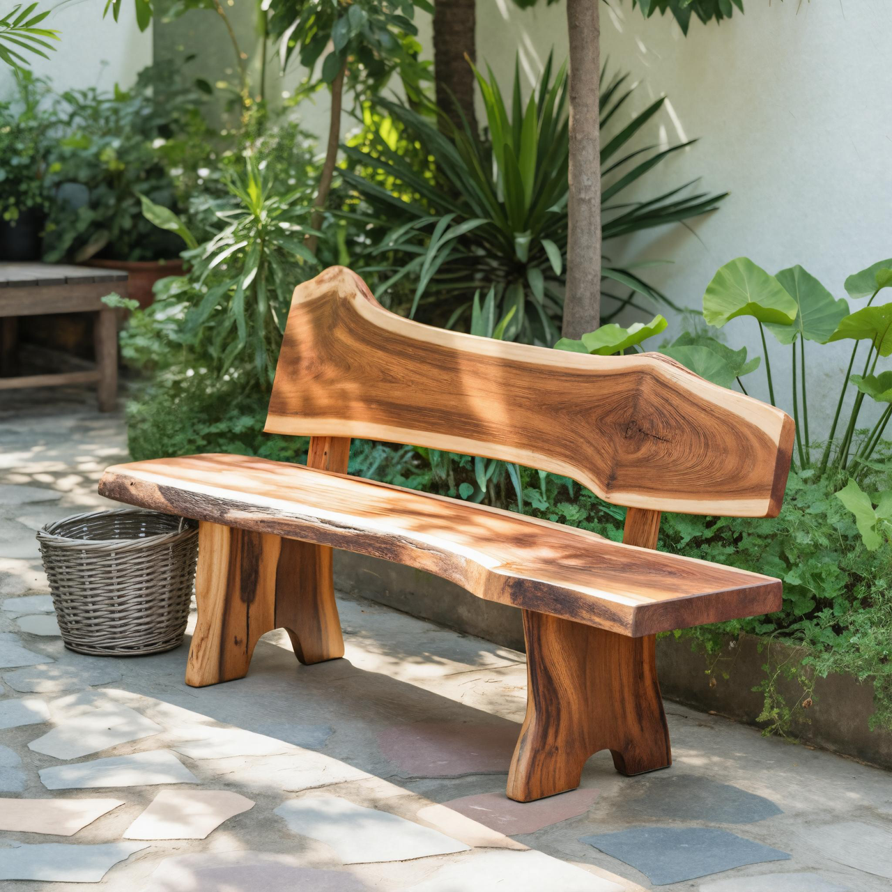 Rustic Live Edge Outdoor Bench With Curved Back For Patio Or Garden Lynnsnail