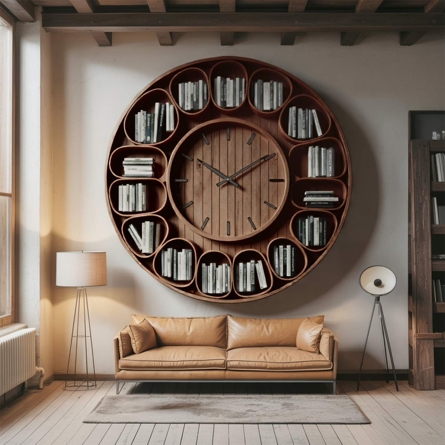 Contemporary Round Wall Bookshelf With Clock For Living Room And Home Office Lynnsnail