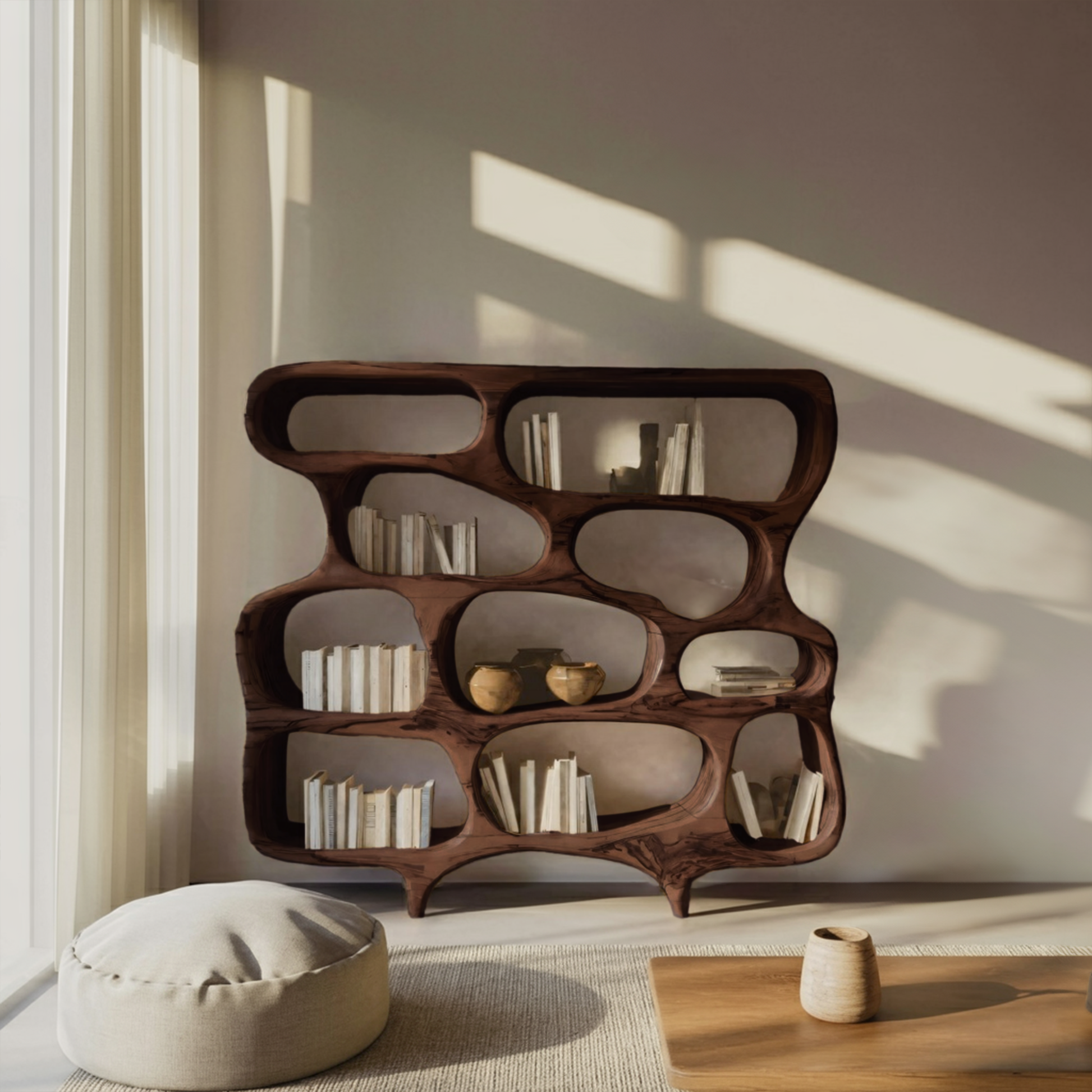 Artistic Bookshelf With Curved Design For Living Room Interior Lynnsnail