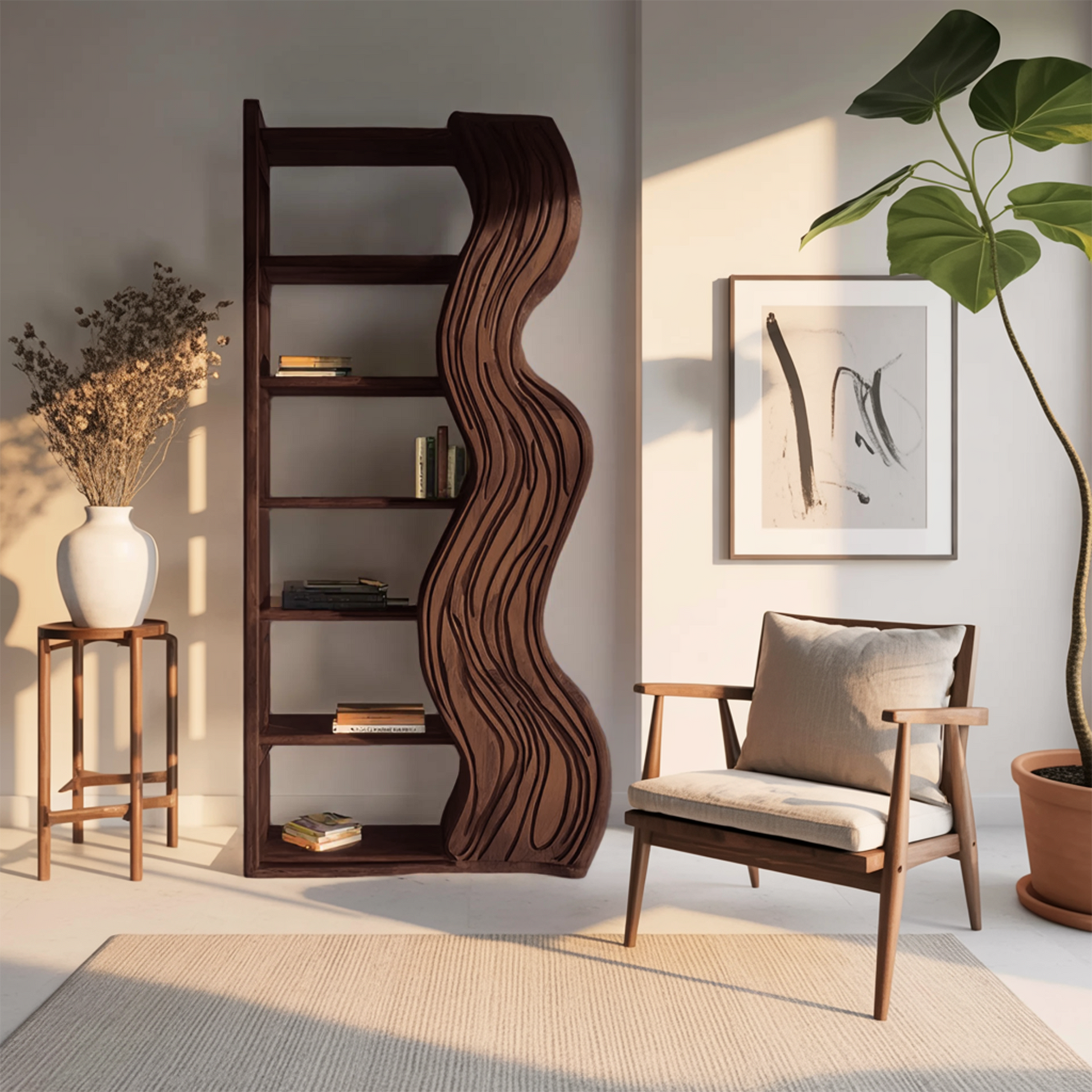 Modern Bookshelf With Wave Carved Side Panel For Office Lynnsnail