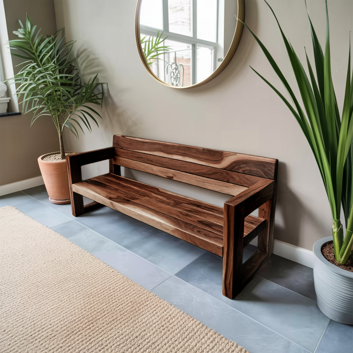 Modern Solid Wood Outdoor Bench With Armrests For Garden Or Entryway Lynnsnail