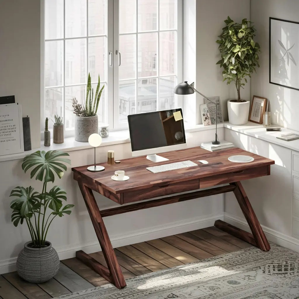 Modern Z Leg Wooden Writing Desk With Drawers For Home Office Or Studio Lynnsnail