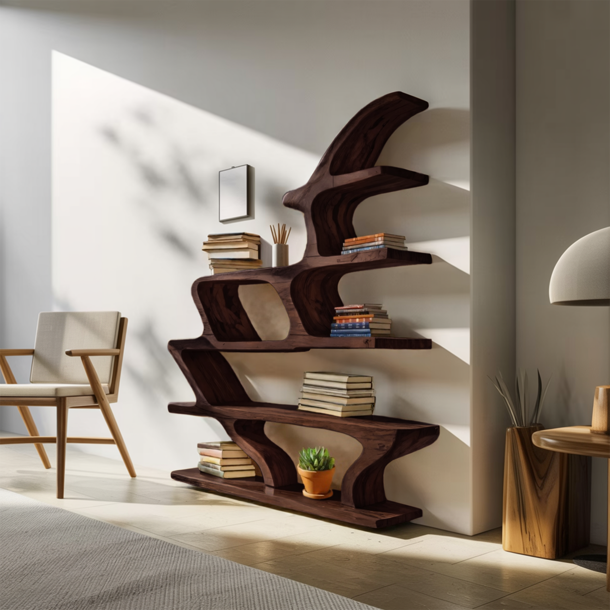 Modern Sculptural Bookshelf With Fluid Shelving For Living Room Lynnsnail